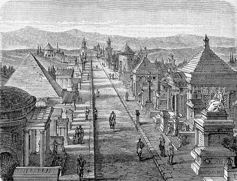 古代罗马时期的阿皮亚大道，两侧是庄严的纪念碑和纪念碑