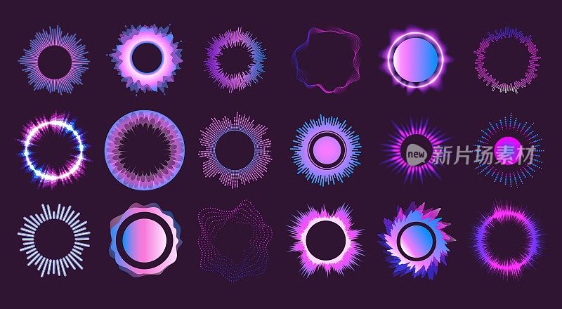 径向声波。圆声波形圆均衡器，多色粒子脉冲数字信号电子频谱频率音乐节奏巧妙矢量插图
