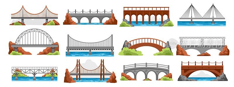 2211.m10.i015.n010.S.c15.1730057620卡通桥结构。悬架河过桥，山区铁路公路吊桥，城市工业建设。向量组