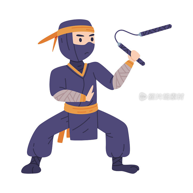 忍者或忍者角色作为日本秘密特工或雇佣兵在Shozoku伪装服装战斗与双截棍矢量插图