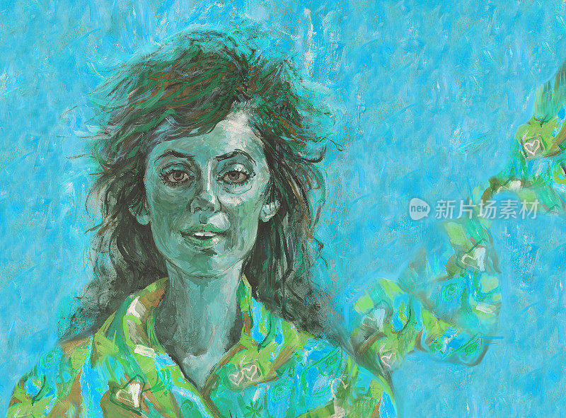 插图油画肖像，一个微笑的女孩长头发在一个蓝色背景的彩色围巾