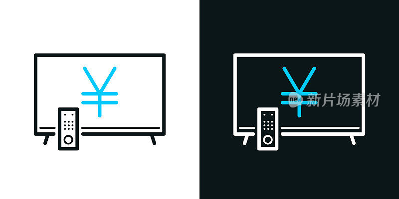 有日元标志的电视。黑色或白色背景上的双色线条图标-可编辑笔触