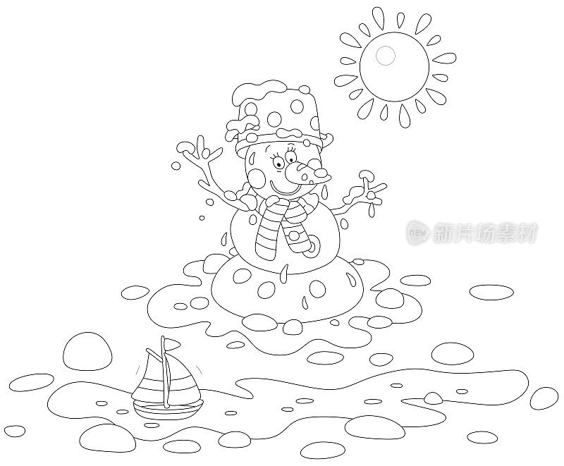 玩具船和一个在水坑里融化的有趣雪人