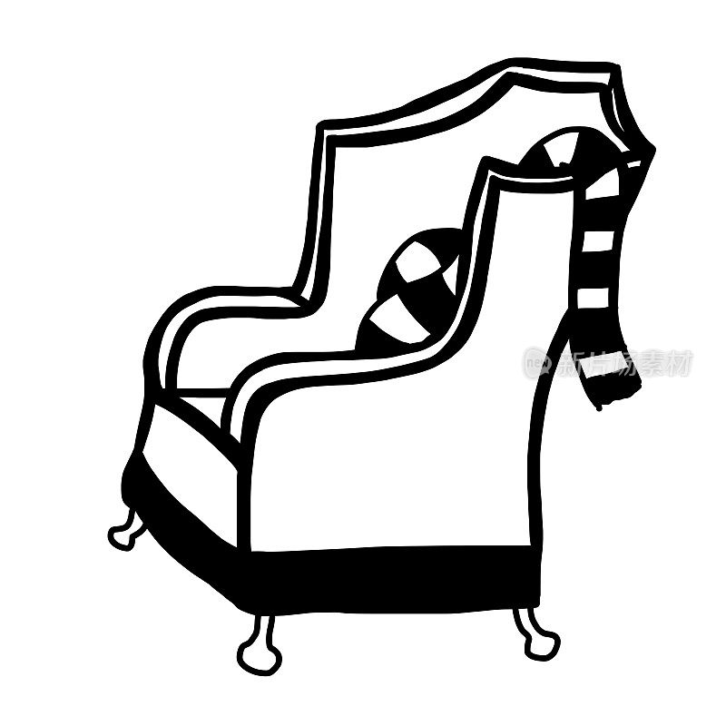 扶手椅与剥围巾轮廓涂鸦风格。