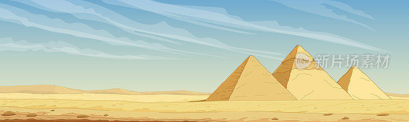 吉萨金字塔全景图。埃及的野生动物，蓝天下的沙漠景观。古埃及文化，世界奇迹之一。手绘，卡通。矢量插图。