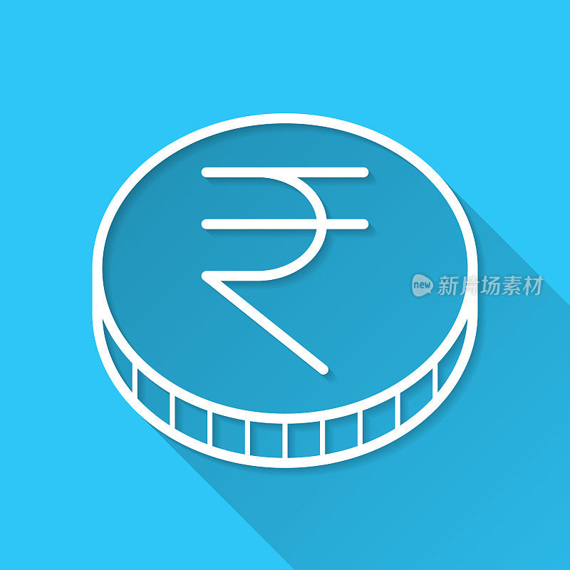 印度卢比硬币。图标在蓝色背景-平面设计与长阴影