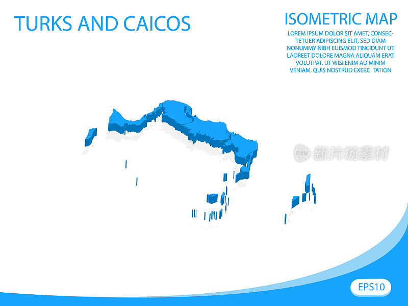 现代矢量等距特克斯和凯科斯蓝色地图。元素白色背景的概念图易于编辑和自定义。每股收益10