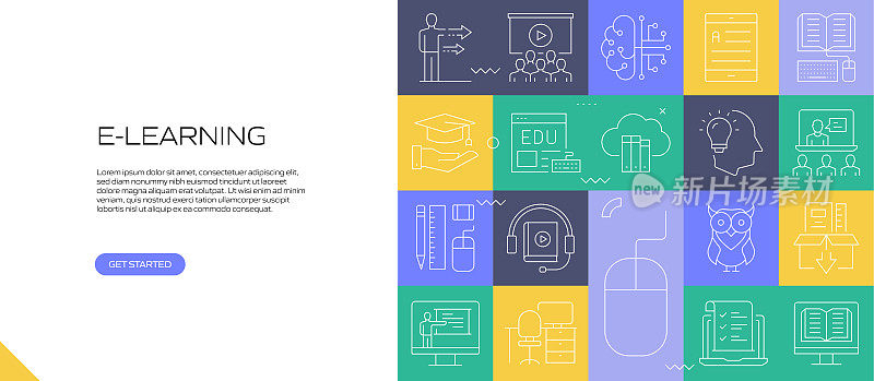 E-LEARNING网站横幅与线性图标，新潮的线性风格矢量