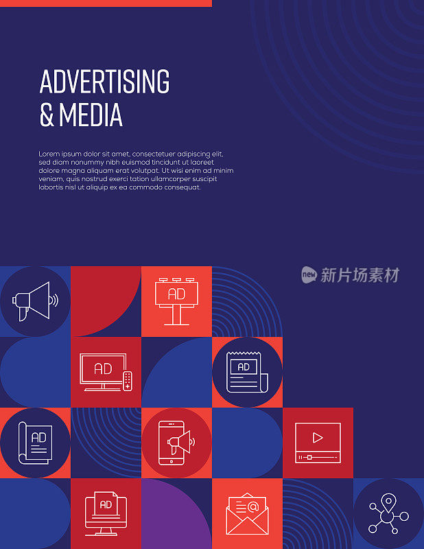 广告和媒体相关设计与线图标。简单的轮廓符号图标。