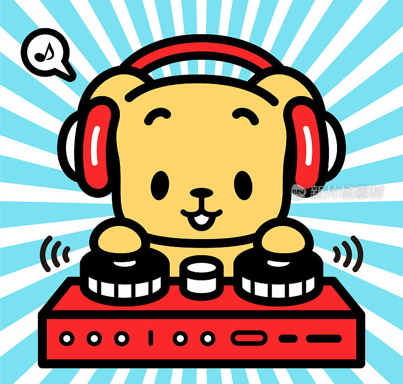 可爱的拉布拉多猎犬的角色设计戴着耳机,在唱盘上演奏