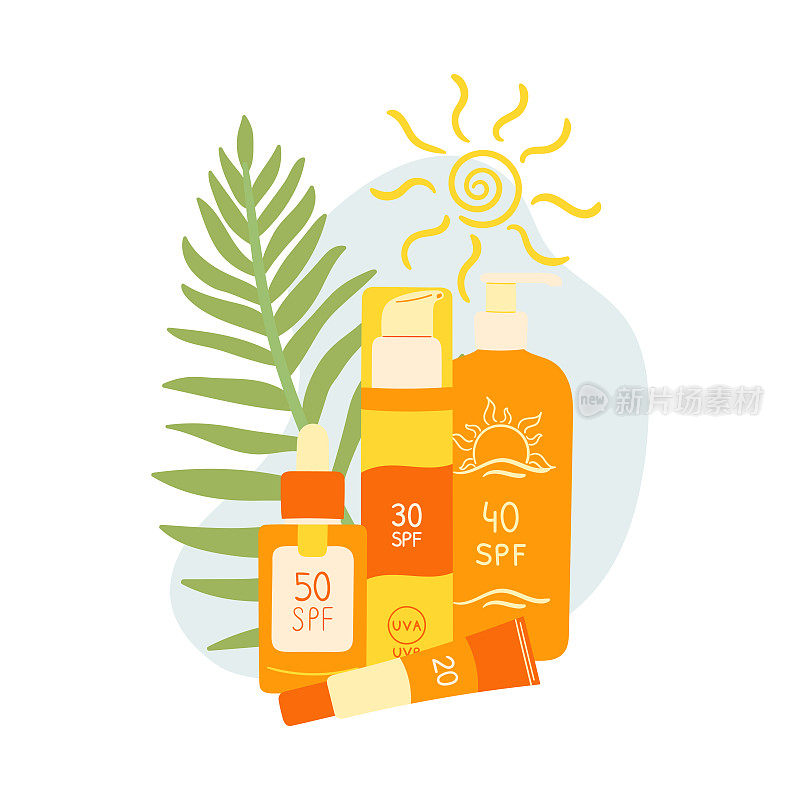 一套防晒产品与棕榈叶和抽象形状。SPF防护和太阳安全概念。防晒夏季产品乳液、面霜。手绘矢量图