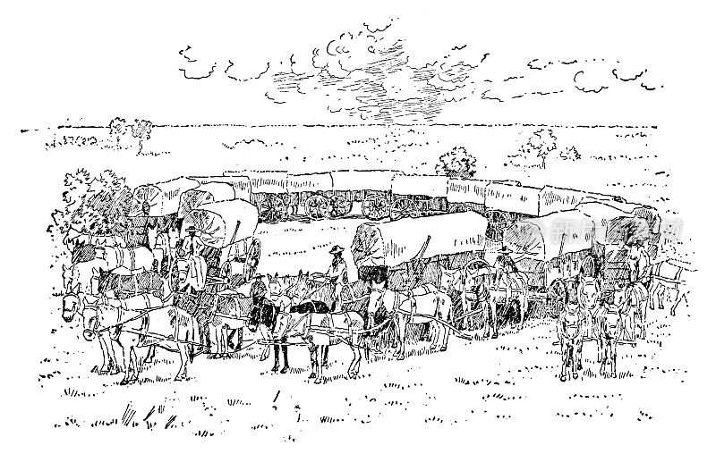 19世纪，美国新墨西哥州的环形马车队畜栏