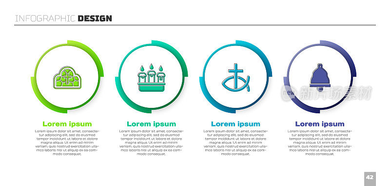 设置彩色玻璃，燃烧的蜡烛烛台，基督教鱼和教堂钟。业务信息图表模板。向量