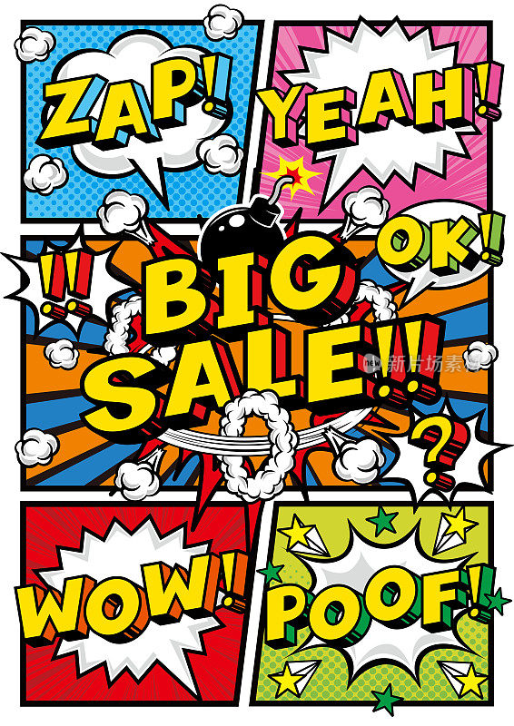 美国漫画风格的英文POP套装，用于商店促销