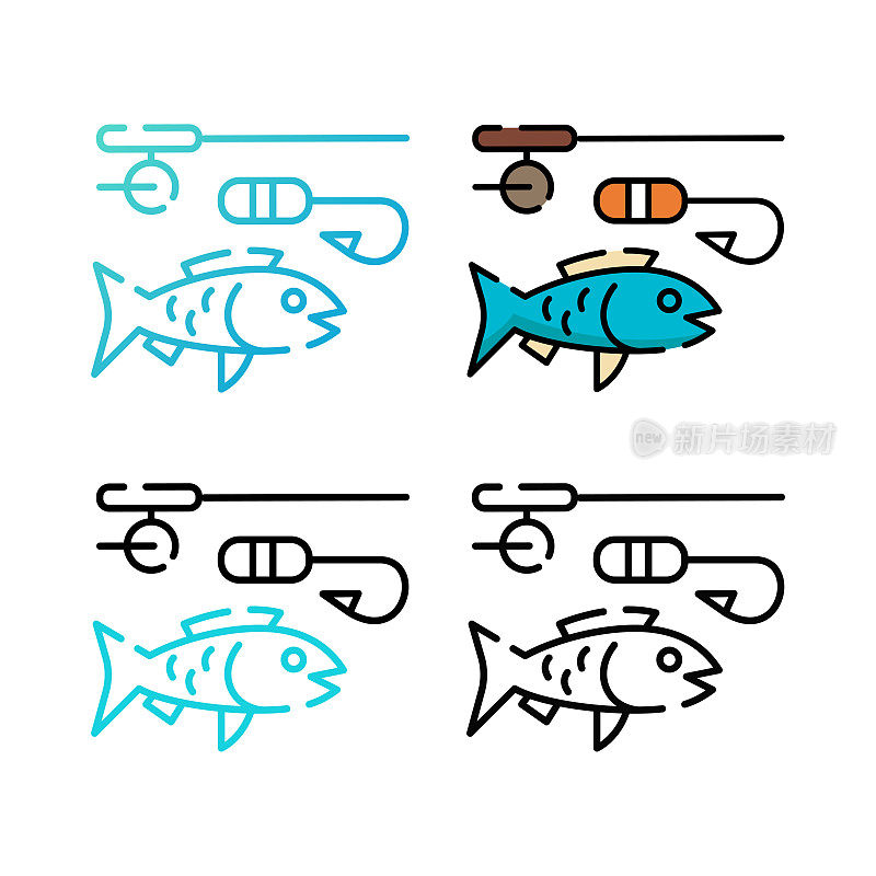 钓鱼图标设计在四个变化的颜色