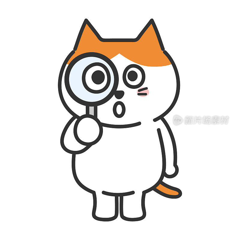 橙色虎斑猫与放大镜，矢量插图。