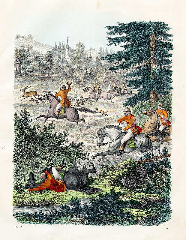 在英格兰猎鹿-来自1859年《世界之书》的非常罕见的盘子