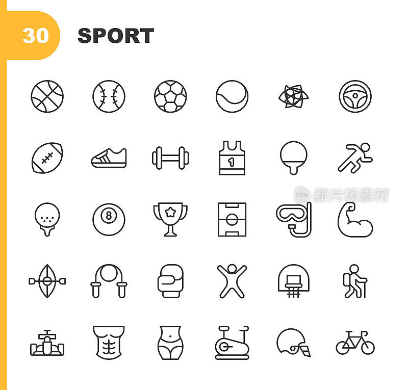 运动线图标。可编辑的中风。像素完美。移动和Web。包含这样的图标，如运动员，篮球，自行车，健美，盒子，健身，足球，高尔夫，健身房，徒步旅行，皮艇，奥运会，游泳池，赛车，跑步，足球，游泳，团队，网球。