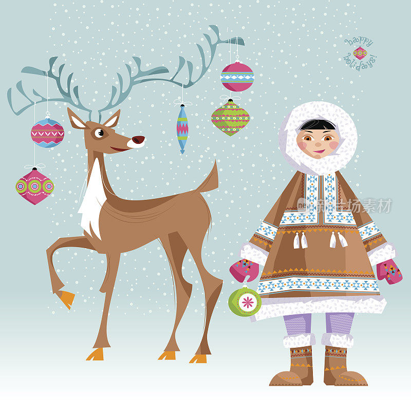 爱斯基摩儿童和圣诞鹿。