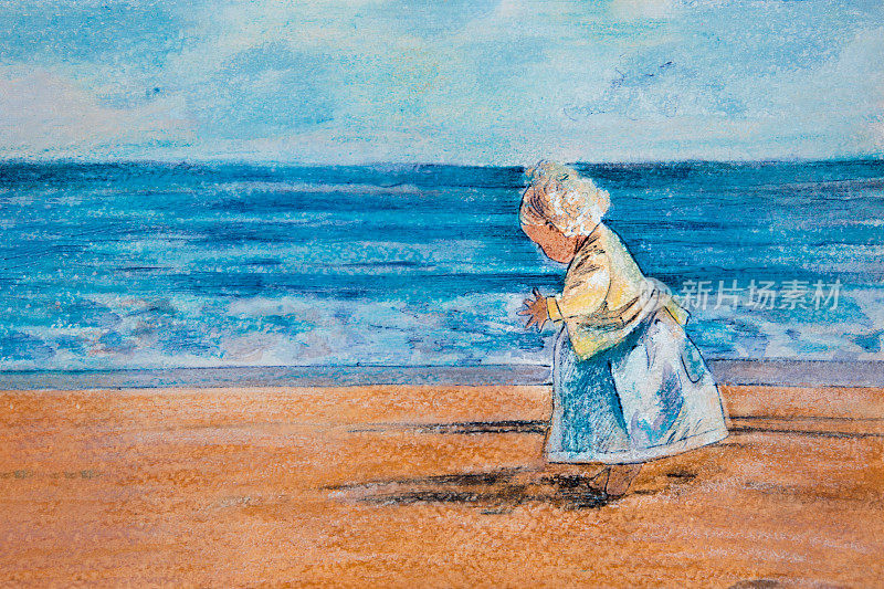孩子们在画一个女孩在海滩上跑步。