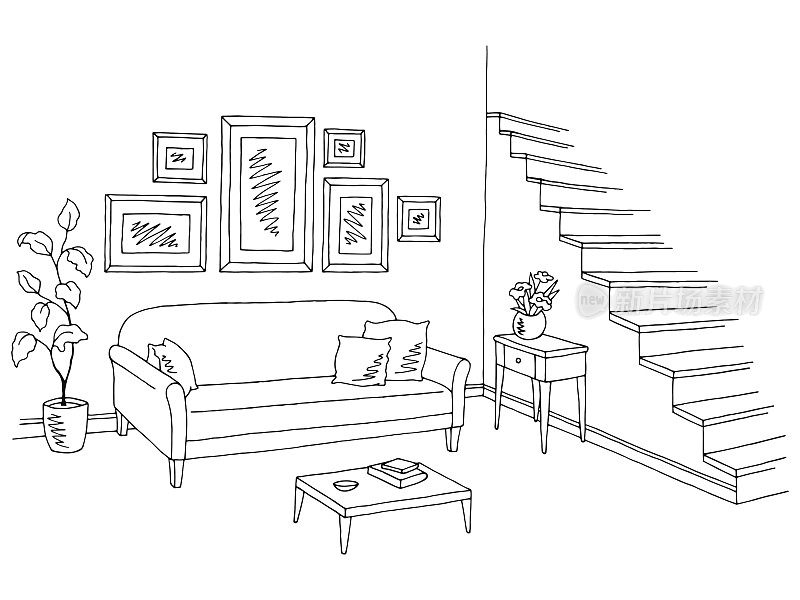 客厅图形黑白室内草图插图矢量