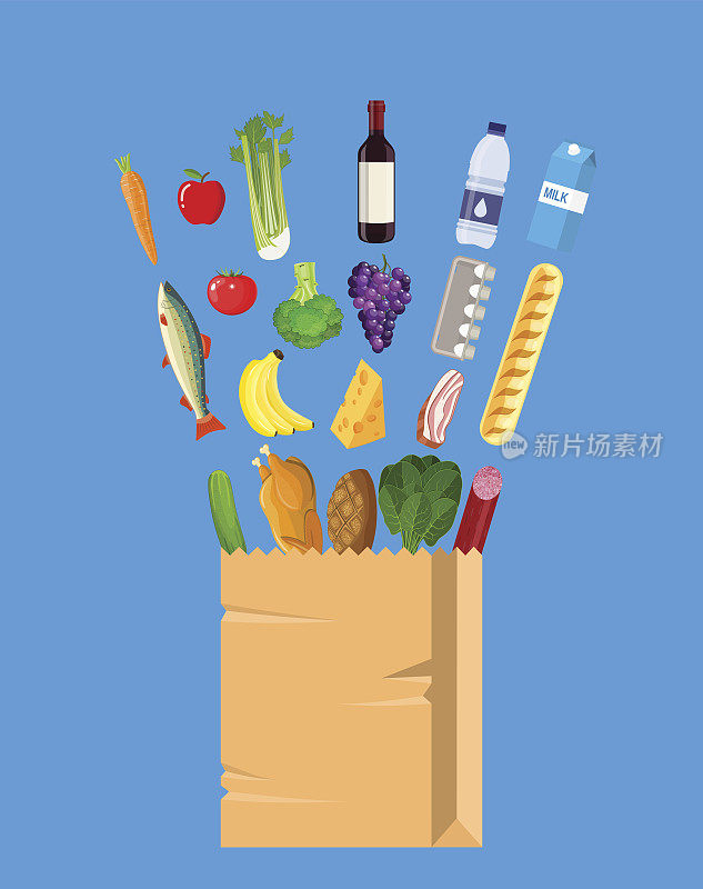 新鲜健康的农产品和纸袋。