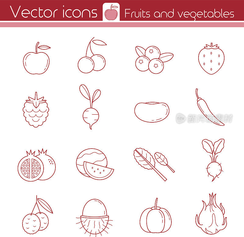 红色水果和蔬菜，线矢量图标，符号和符号。