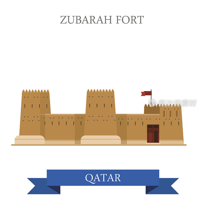 卡塔尔的祖巴拉堡。平面卡通风格的历史景点展示景点网站矢量插图。世界各国城市度假旅游观光亚洲收藏。