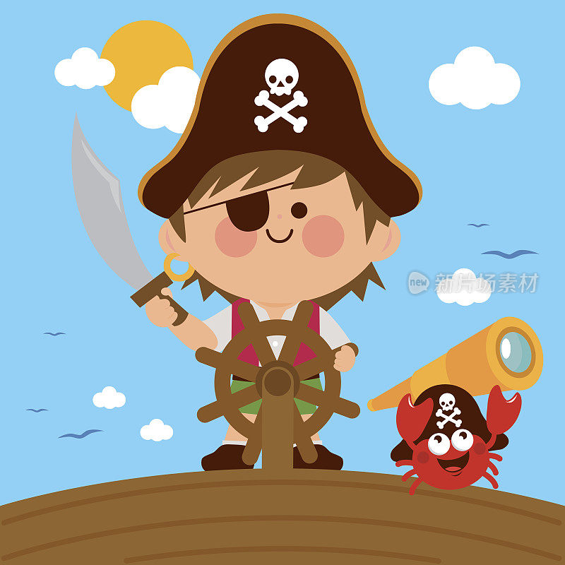 海盗少年船长驾着方向盘航行