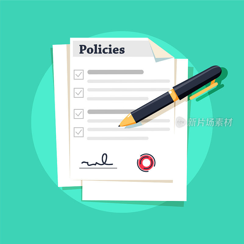 政策文件。政策法规概念清单文件公司剪贴板，矢量插图。