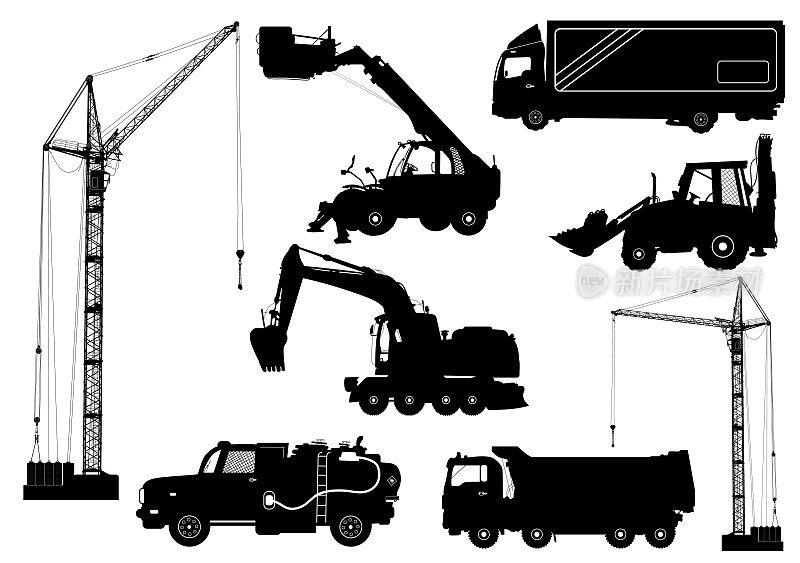 施工设备:卡车、挖掘机、推土机、电梯、起重机。建筑机械的详细轮廓被隔离在白色上。矢量图