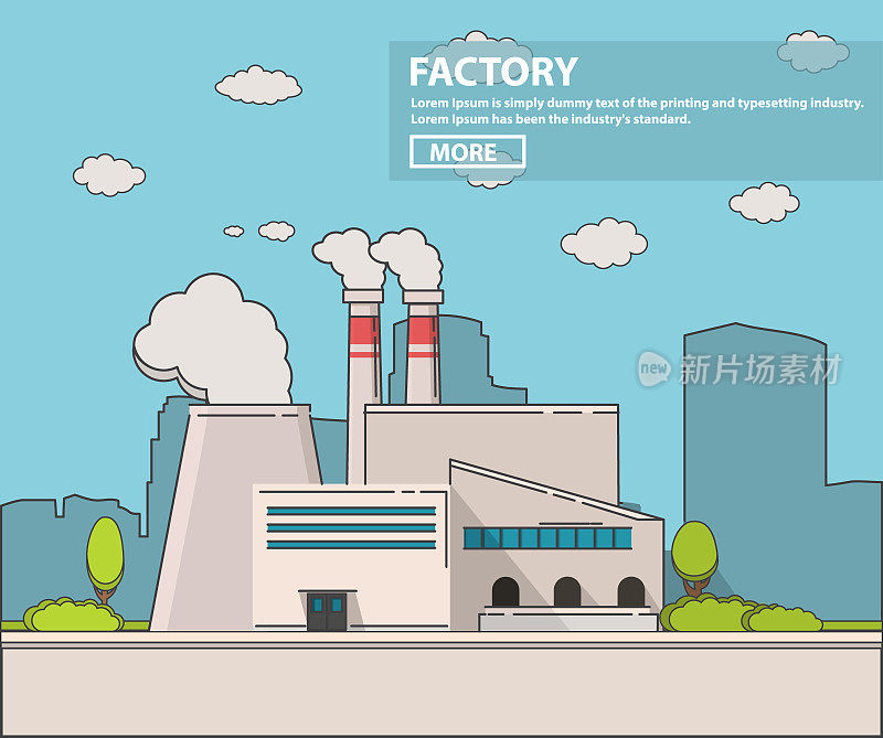 工业工厂平面线艺术矢量插图。植物或工厂大楼路树窗立面。生产厂房。工业建筑的概念。