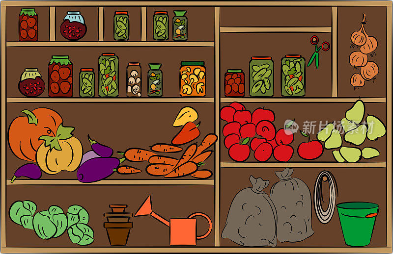 架子上放着罐头食品和蔬菜