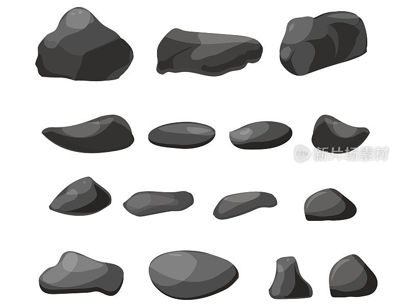 石碑卡通。石头和岩石在等距卡通风格。一组不同的巨石。视频游戏,应用