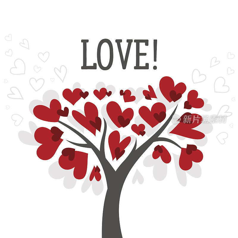 爱情和情人节贺卡与爱情树和红心矢量背景海报