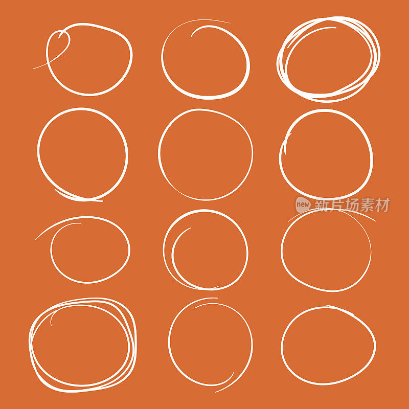一套手绘的潦草的圆圈。向量元素。插图上的橙色背景。