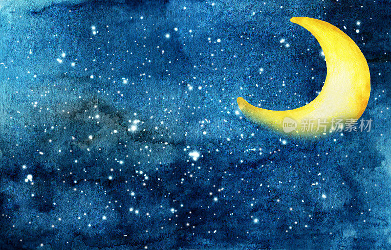 夜空与黄色新月和星星水彩抽象染色夜空背景