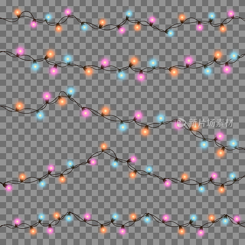 矢量插图的圣诞节，新年灯孤立的背景。一套彩色绳花环。透明的现实派对装饰。节日贺卡设计的发光灯