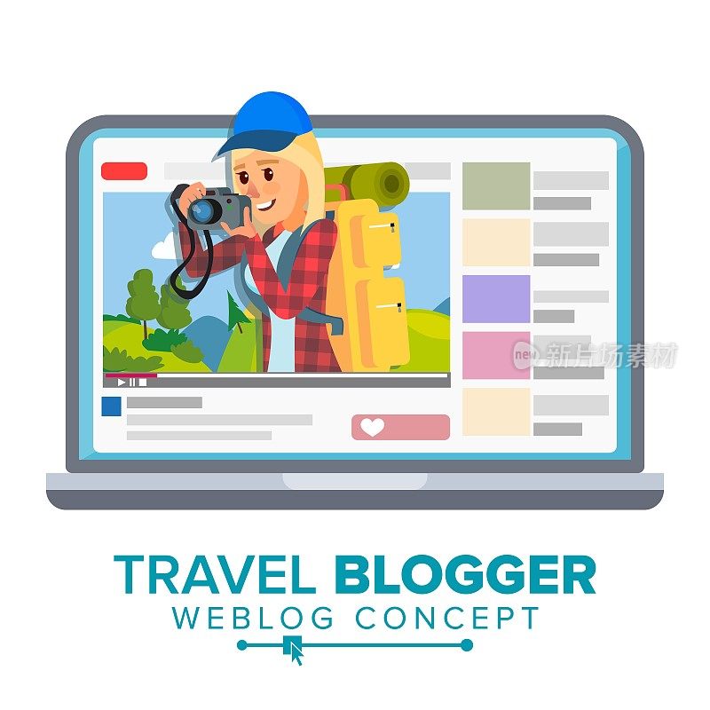 旅游博客概念向量。关于旅游和徒步旅行的个人博客。在线博客圈。女孩受欢迎的视频。独立平面卡通插图