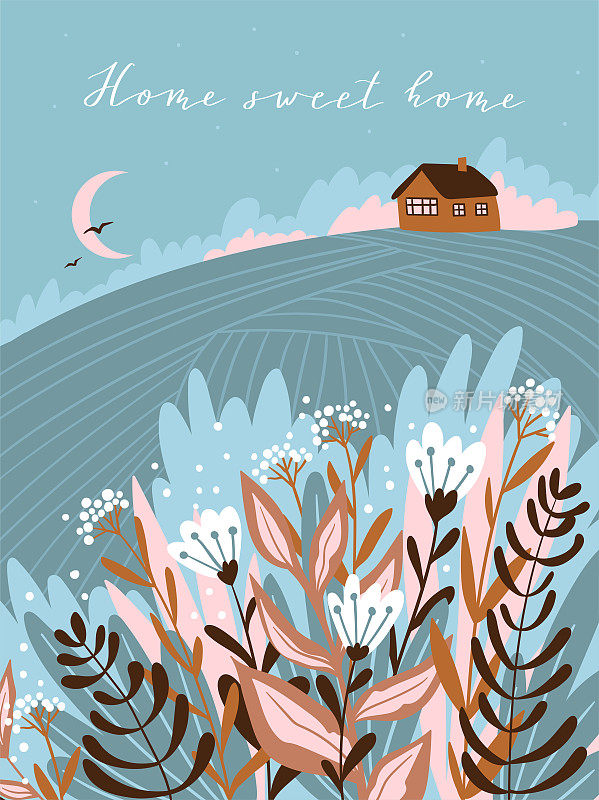 村庄里温暖的夏夜。可爱的矢量图。手绘带有文字的农场海报设计-家温馨的家。