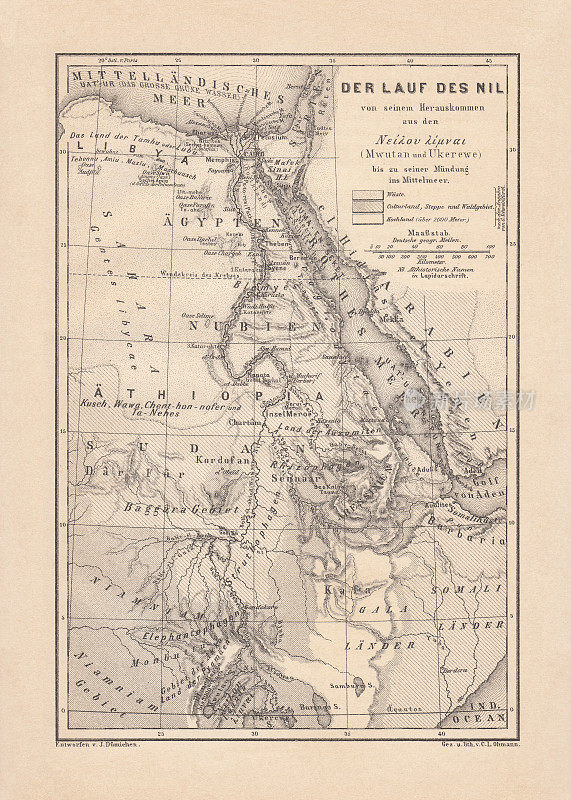 尼罗河历史地图，木刻，1879年出版