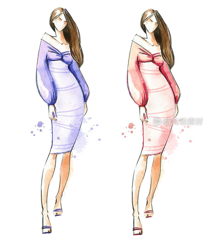 年轻女子穿着瘦削优雅的连衣裙，水彩时尚插画