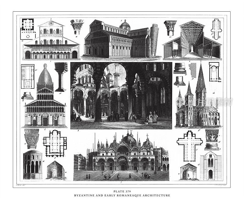 拜占庭和早期罗马式建筑雕刻古董插图，出版于1851年