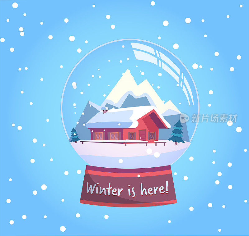 冬天是这里的雪球和一间小房子，山上和枞树下的雪。新年礼物。冬季雪景与雪花平面矢量插图在粉红色薄荷色。