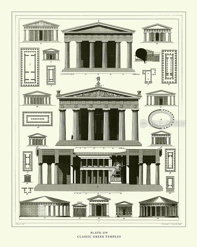 雕刻古董，古典希腊庙宇雕刻古董插图，1851年出版