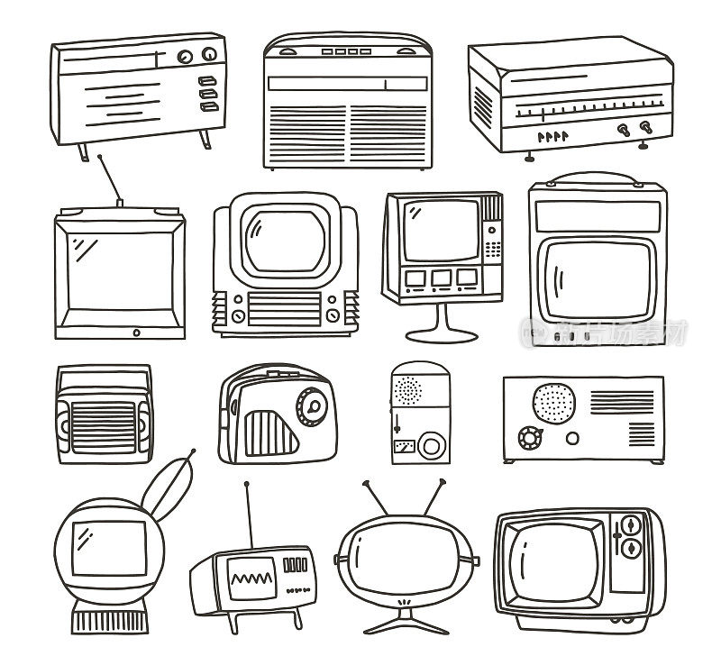 复古电视和收音机涂鸦集