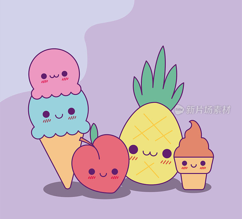 卡哇伊冰淇淋桃子和菠萝矢量设计