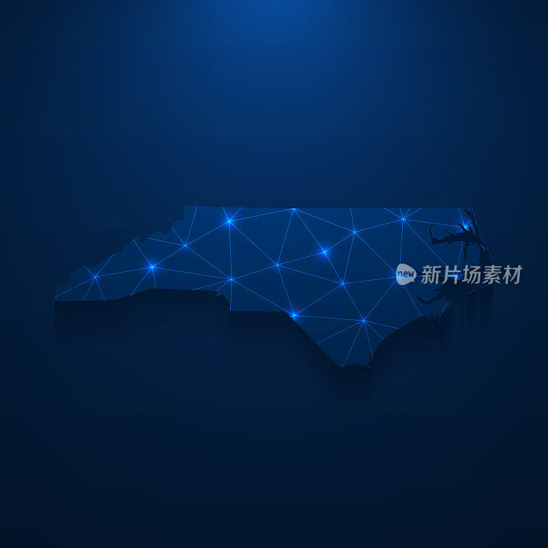 北卡罗来纳州地图网络-明亮的网格在深蓝色的背景