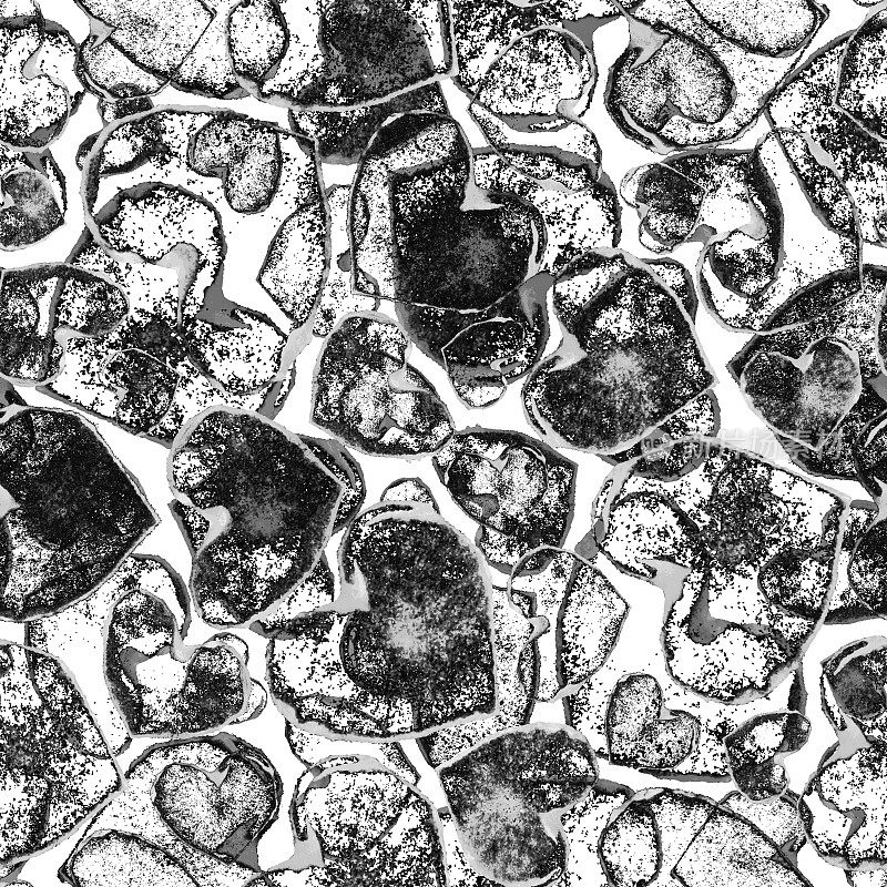 抽象多层心形设计-无缝模式插图矢量-黑白不均匀的凌乱物体堆叠在另一个非常粗糙和原始的纹理效果