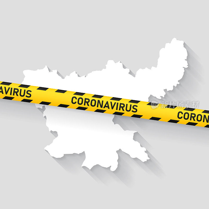 带有冠状病毒警告胶带的恰尔肯德邦地图。Covid-19爆发